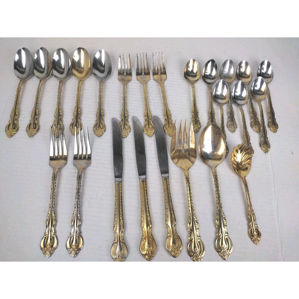 Vintage 24 PC Gold Tone Ornate COOK'S ESSENTIALS 18/10 STAINLESS FLATWARE